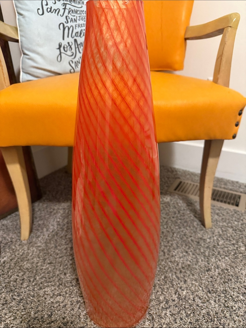 22” XL MCM Glass Floor Vase Red Orange Swirl Murano Italian Style Lamp Base